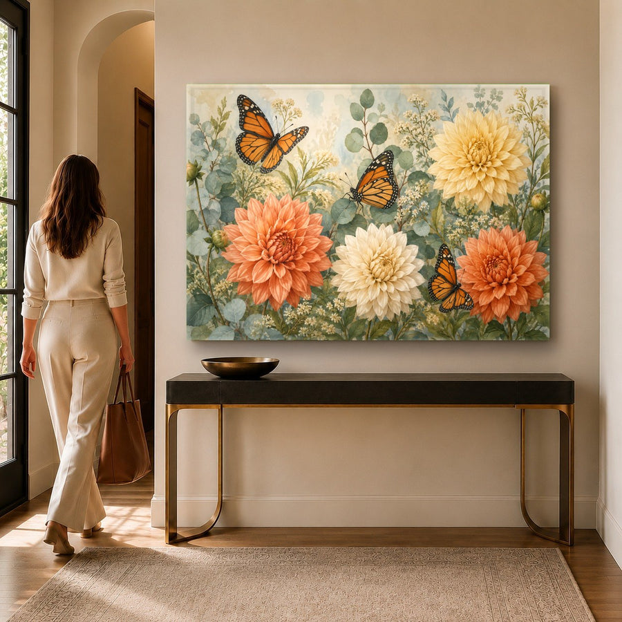 Botanical tempered glass print of a butterfly and flower in a cozy bedroom setup