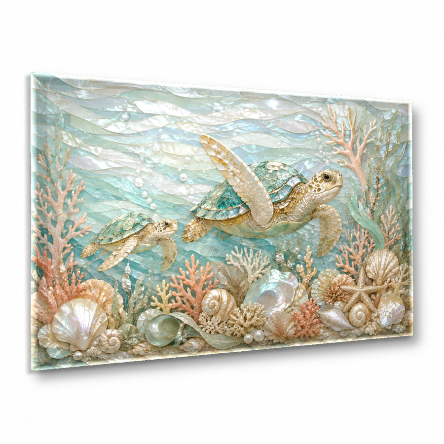 Coastal turtle glass wall art hanging in a bright coastal living room above a sofa
