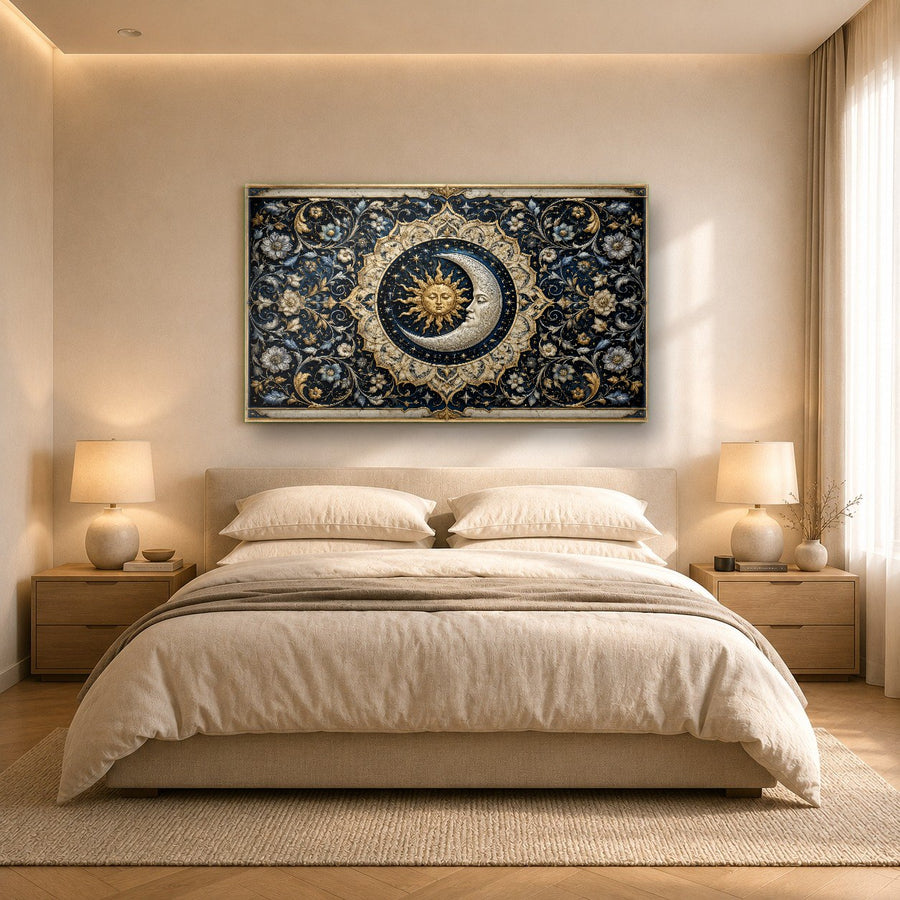 Modern tempered glass art of the sun and moon hanging in a minimalist dining room with warm wooden furniture.