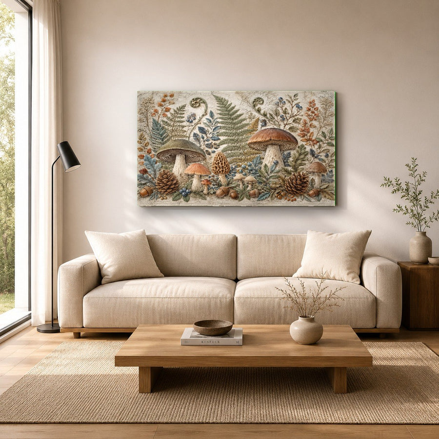 Enchanted forest mushroom glass wall decor hanging in a tranquil spa reception area next to bamboo plants.