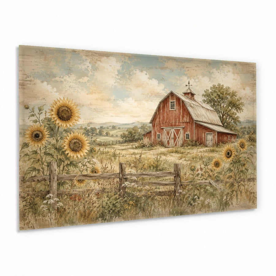 Rustic farmhouse rooster glass wall art hanging in a bright, modern country kitchen above a wooden dining table.