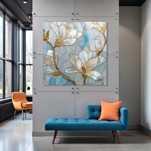 Decorative panel with floral design in white, gold, and blue on a light gray background