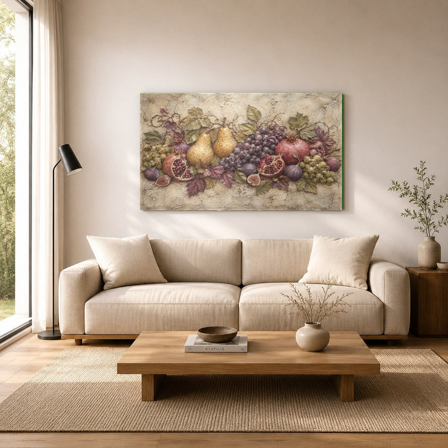Colorful fruit wall art mounted on a neutral wall in a chic home interior