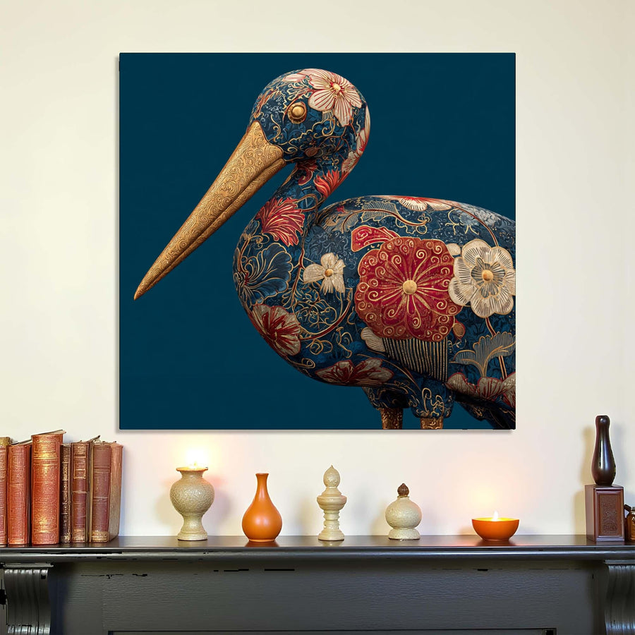 Decorative wall art of a stylized pelican with floral patterns on a dark blue background, displayed above a shelf with decorative items.