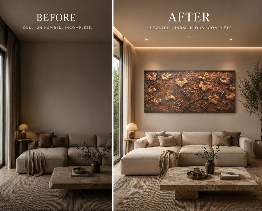 A luxury hotel lobby featuring the bronze vineyard glass wall art on a textured plaster accent wall.