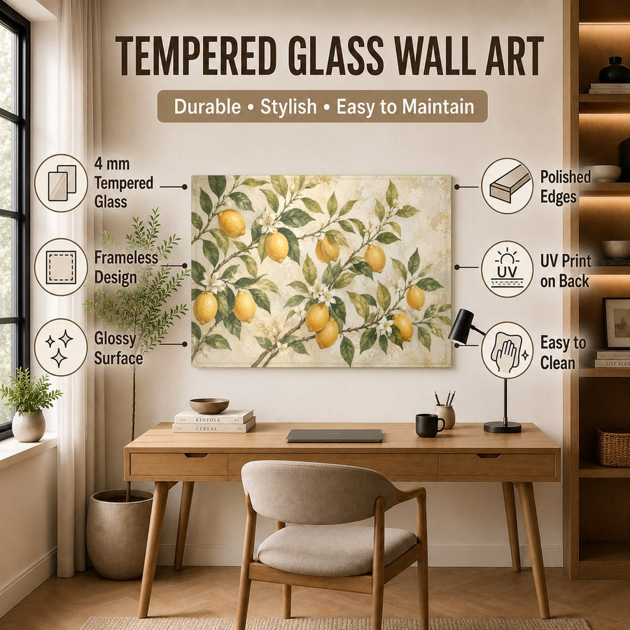 Lemon Grove tempered glass art piece displayed in a spa bathroom next to lush green potted plants.