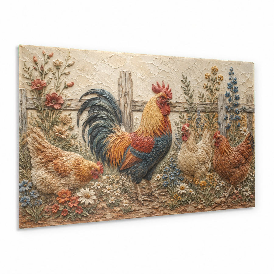 Rustic rooster glass wall art hanging in a bright farmhouse kitchen