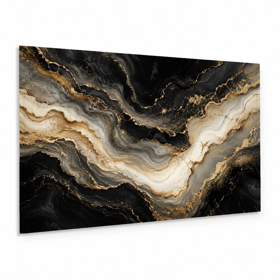 Golden marble glass wall art hanging above a plush beige sofa in a modern, luxury living room.
