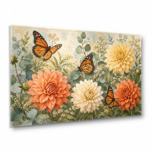 Butterfly and Flower Glass Wall Art hanging above a modern living room sofa