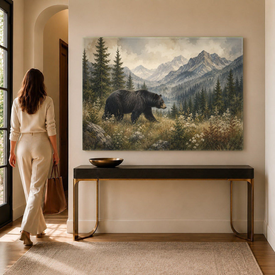 High-gloss tempered glass bear print mounted on a stone fireplace mantle in a mountain lodge.