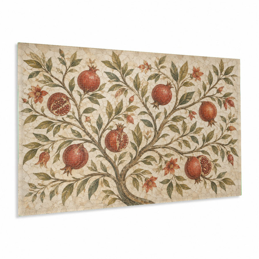 A vibrant Pomegranate Garden glass print hanging on a neutral wall in a modern, sunlit living room.