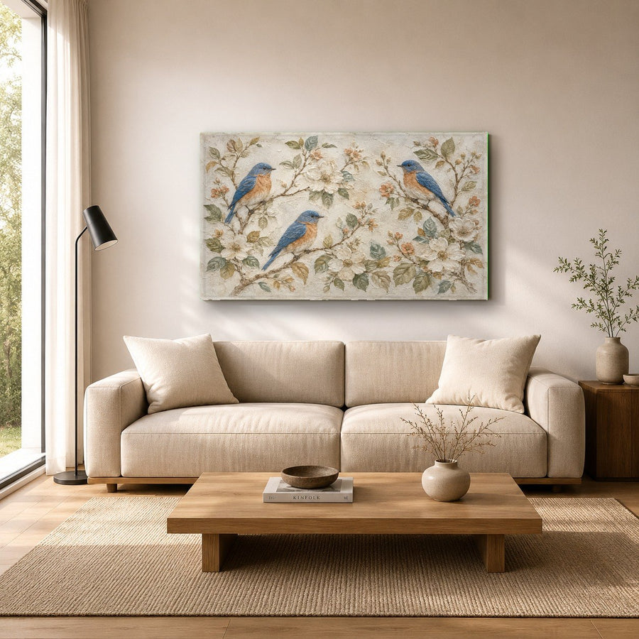 Vibrant blue birds glass wall decor adding a touch of nature to a luxury hotel reception area.