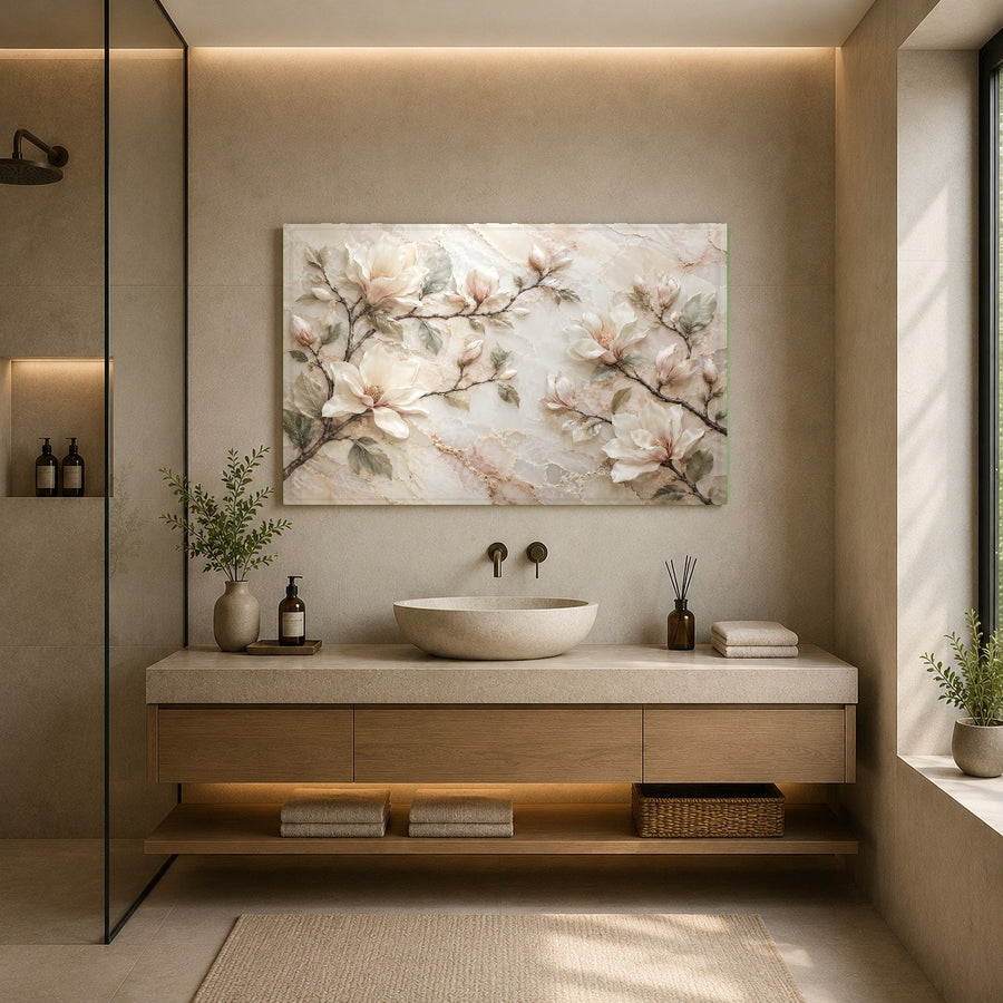 Magnolia Marble Glass Wall Art featured in a contemporary open-concept dining room