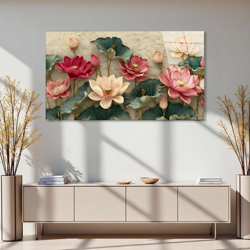 Decorative wall art with stylized lotus flowers on a textured background