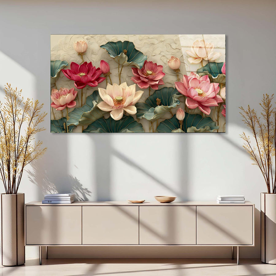 Decorative wall art of lotus flowers on a wall above a light-colored cabinet.