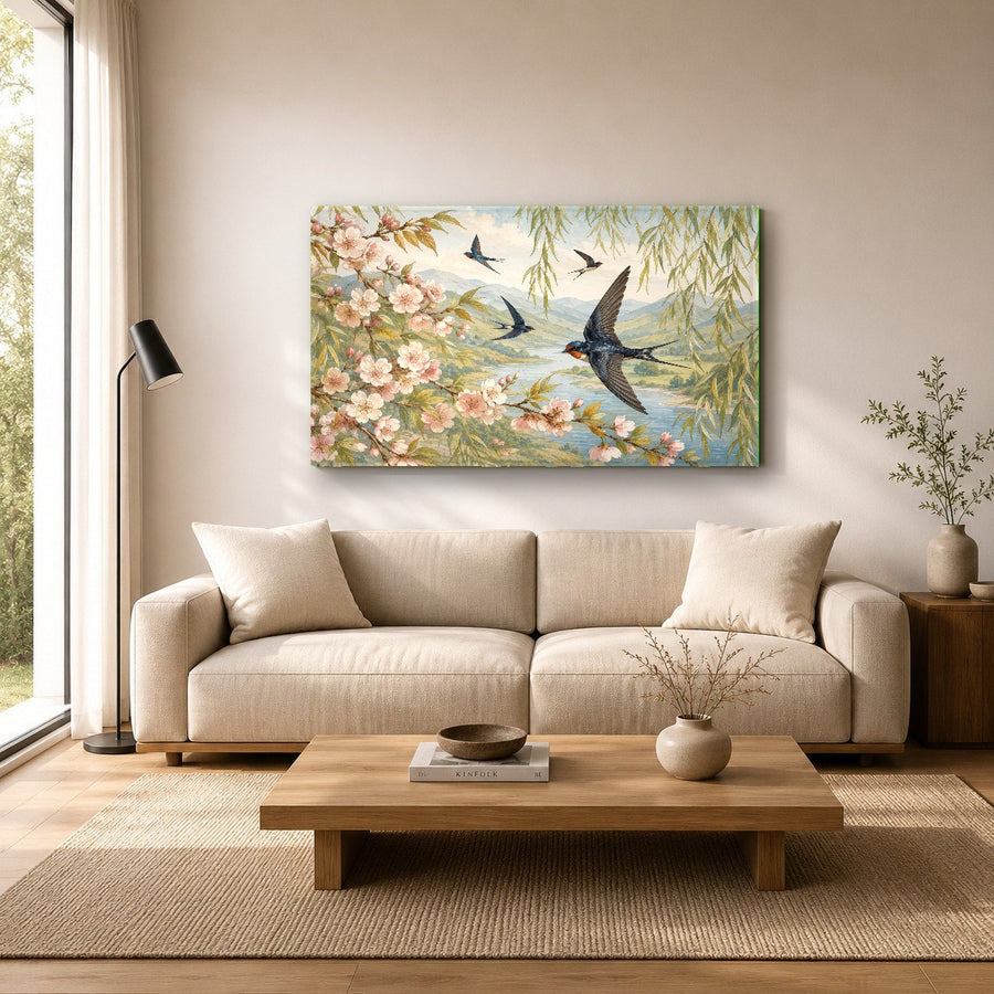 Elegant flying birds glass wall decor in a minimalist entryway