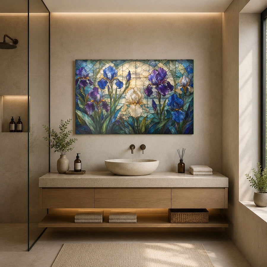 A chic, contemporary entryway featuring the Iris Garden tempered glass art above a wooden console table.