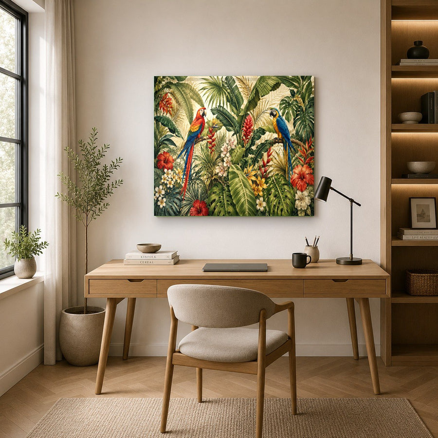 Close-up angle of vibrant tropical parrot tempered glass wall art showing high-gloss finish