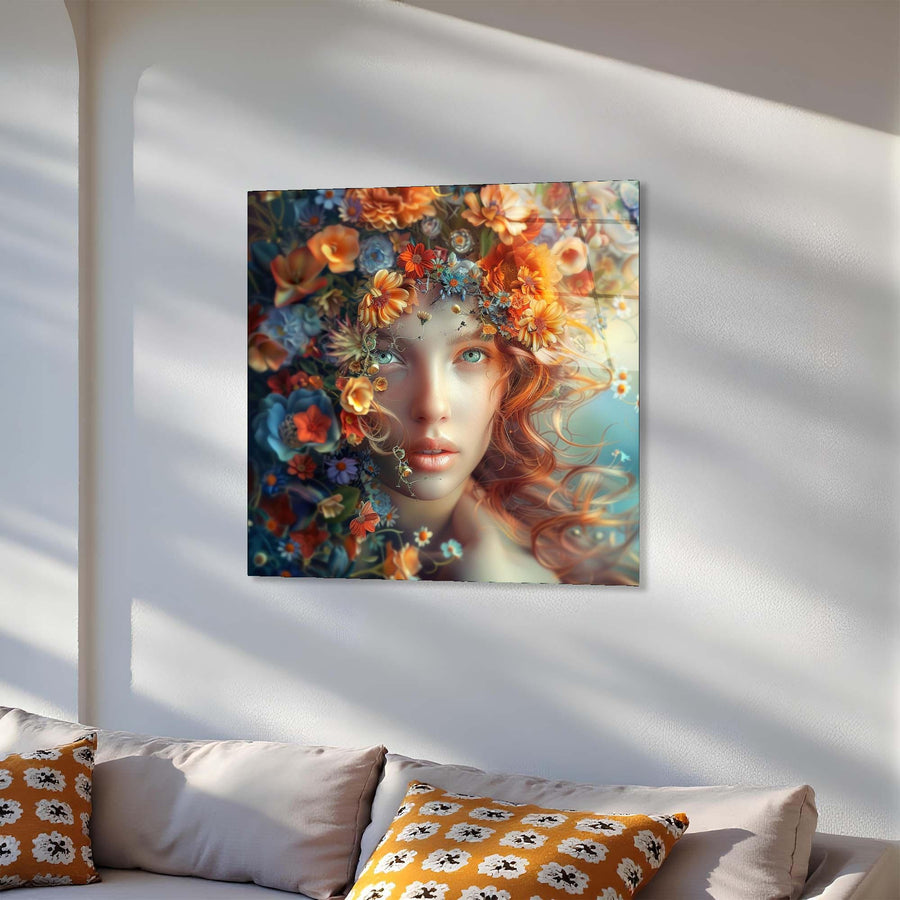 Colorful artwork of a woman with flowers on a white wall above a sofa.