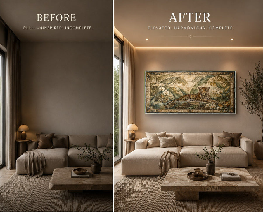Exotic wildlife glass wall art hanging in a sophisticated executive home office