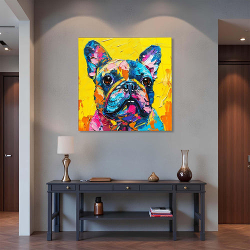 Colorful painting of a dog on a yellow background