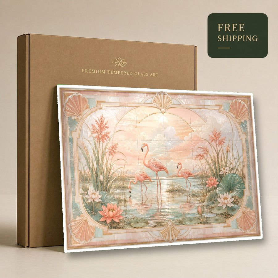 Stunning pink flamingo wall art reflecting soft natural light in a sunlit apartment