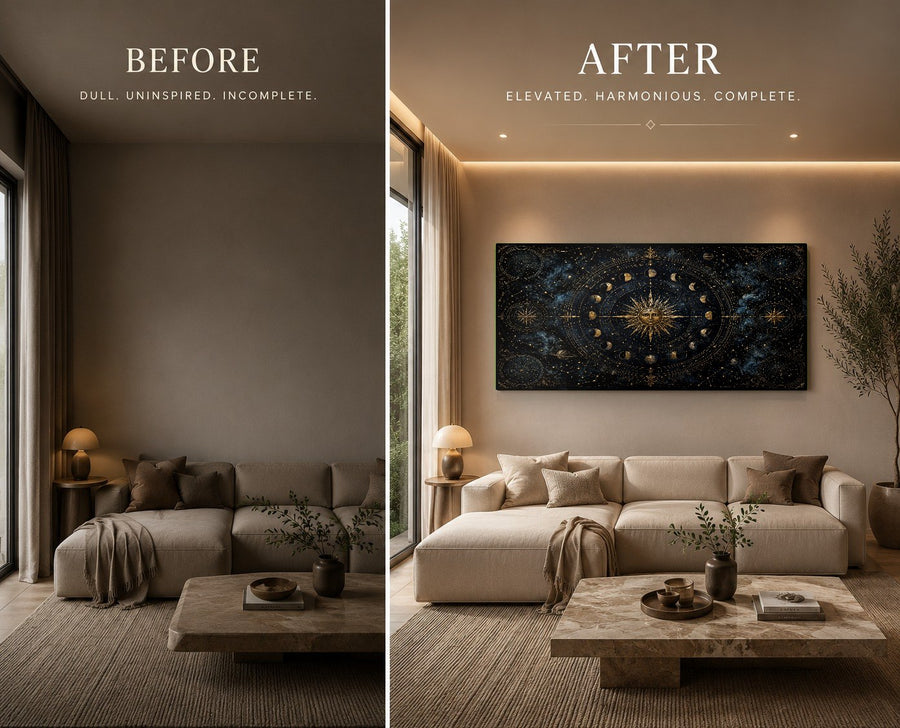 Modern Cosmic Atlas glass print adding a mystical touch next to a sleek bookshelf in a library room.