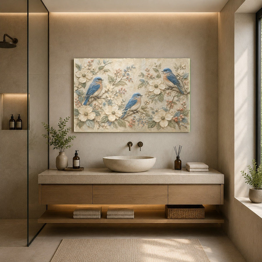 Dining room wall decorated with a stunning blue bird glass art print
