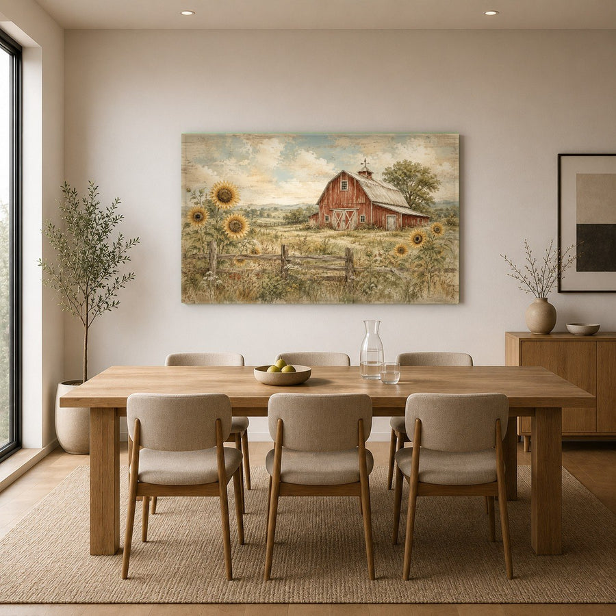 Farmhouse rooster tempered glass print hanging in a rustic restaurant dining area, creating a warm ambiance.
