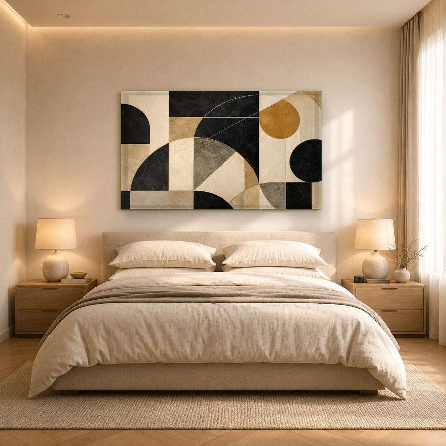Frameless Modern Geometry glass artwork displayed in a creative home office workspace, clean vertical shot.
