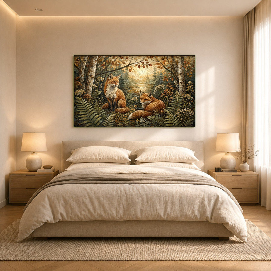 High-gloss wildlife glass wall art depicting autumn foxes in a cozy reading nook above an armchair.
