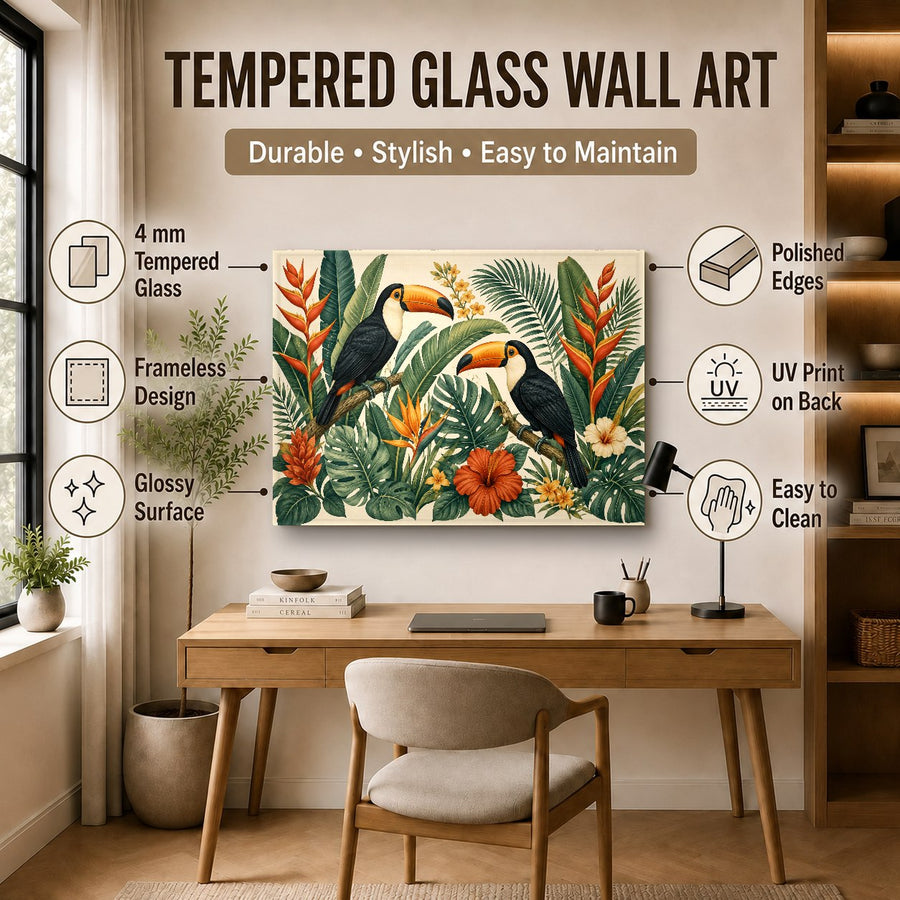 Close-up angle of tropical glass art showcasing high-gloss finish