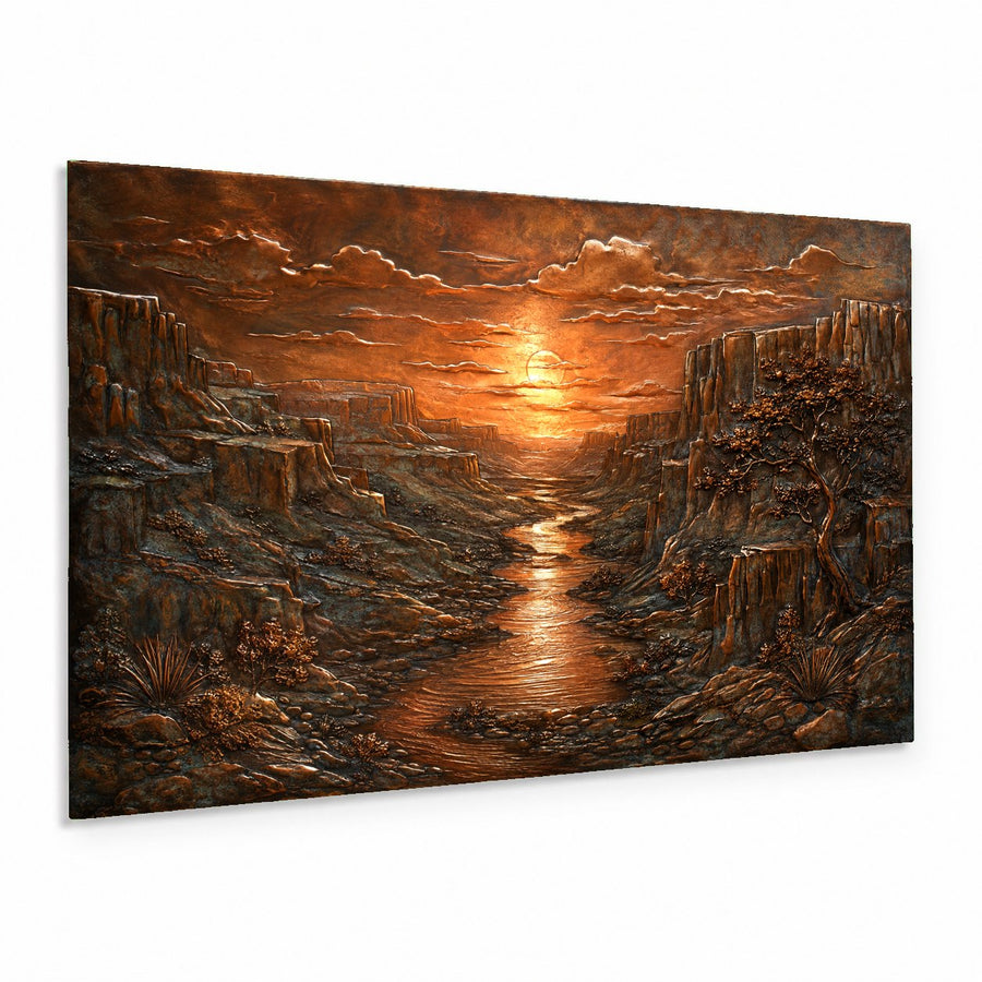 Copper Canyon glass wall art hanging above a modern leather sofa in a warm, rustic living room.