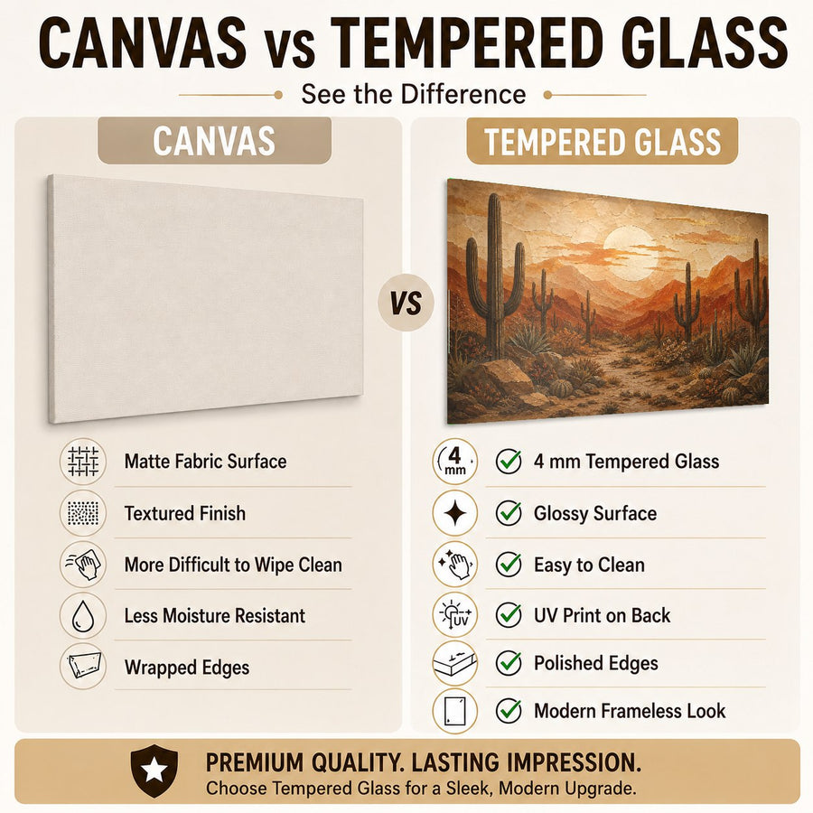 Close-up of a high-gloss desert sunset glass wall decor piece showing the detailed saguaro silhouette and rich colors.