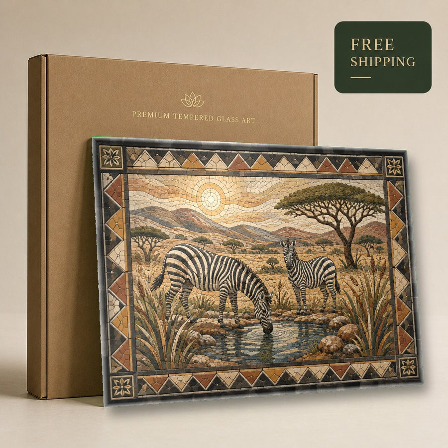Cozy reading corner accented with a premium wildlife tempered glass art piece of zebras