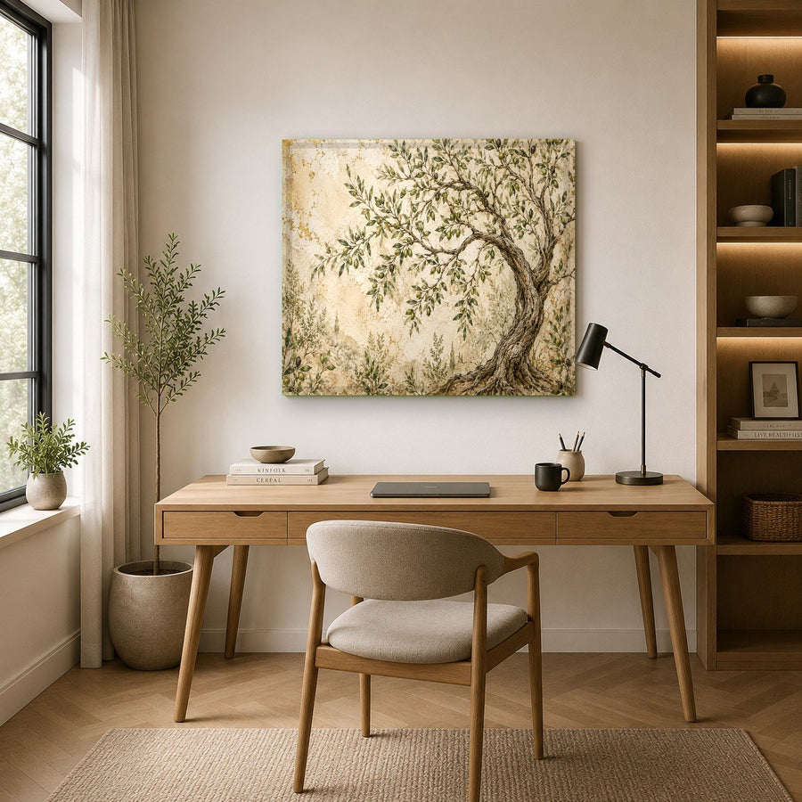 Side-angle view of the Olive Fresco glass print showing the high-gloss finish and aluminum float frame in a hallway.