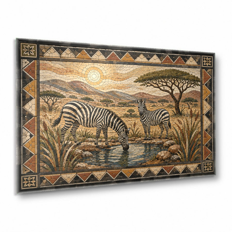 Zebras glass wall art hanging above a modern neutral sofa in a brightly lit living room