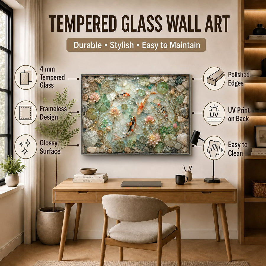 Peaceful meditation room with the green koi zen glass art hung above a wooden yoga mat rack.