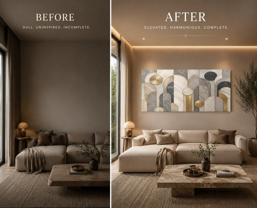 Elegant marble archway glass artwork mounted on a dark grey accent wall in a contemporary bedroom.