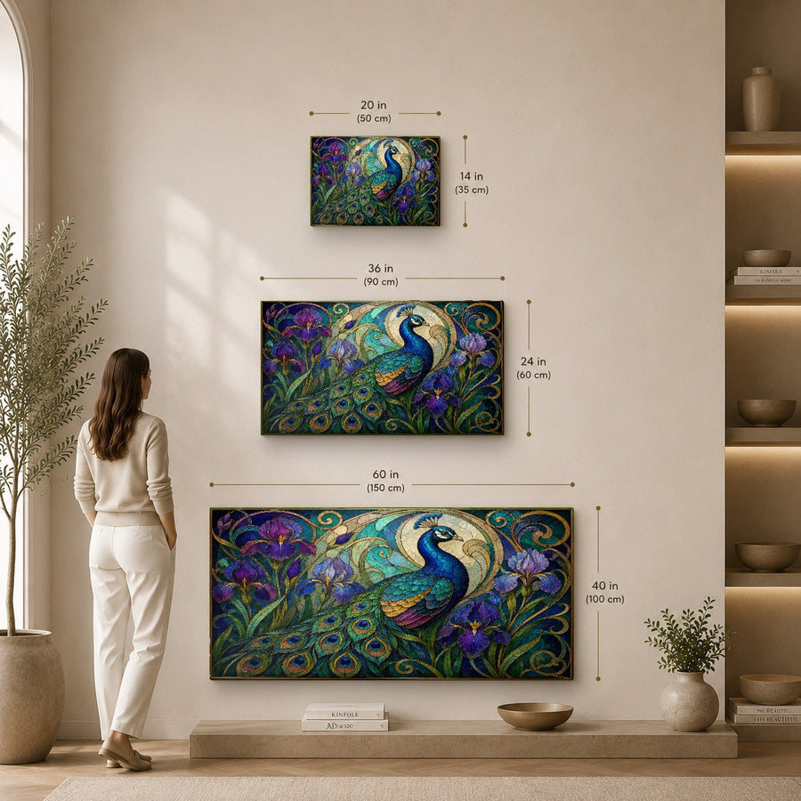 Iris Peacock Glass Wall Art styled in a chic boutique office interior behind a minimalist desk