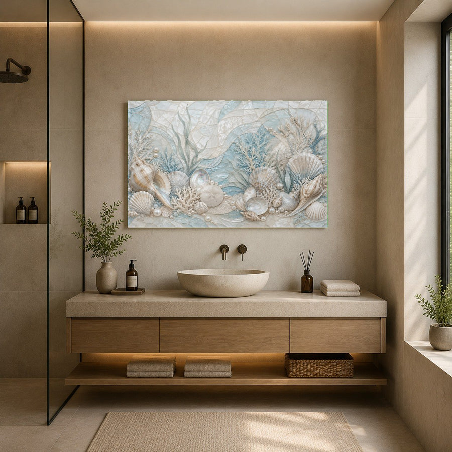 Elegant pearl and ocean wave glass art piece accenting a peaceful meditation room wall.