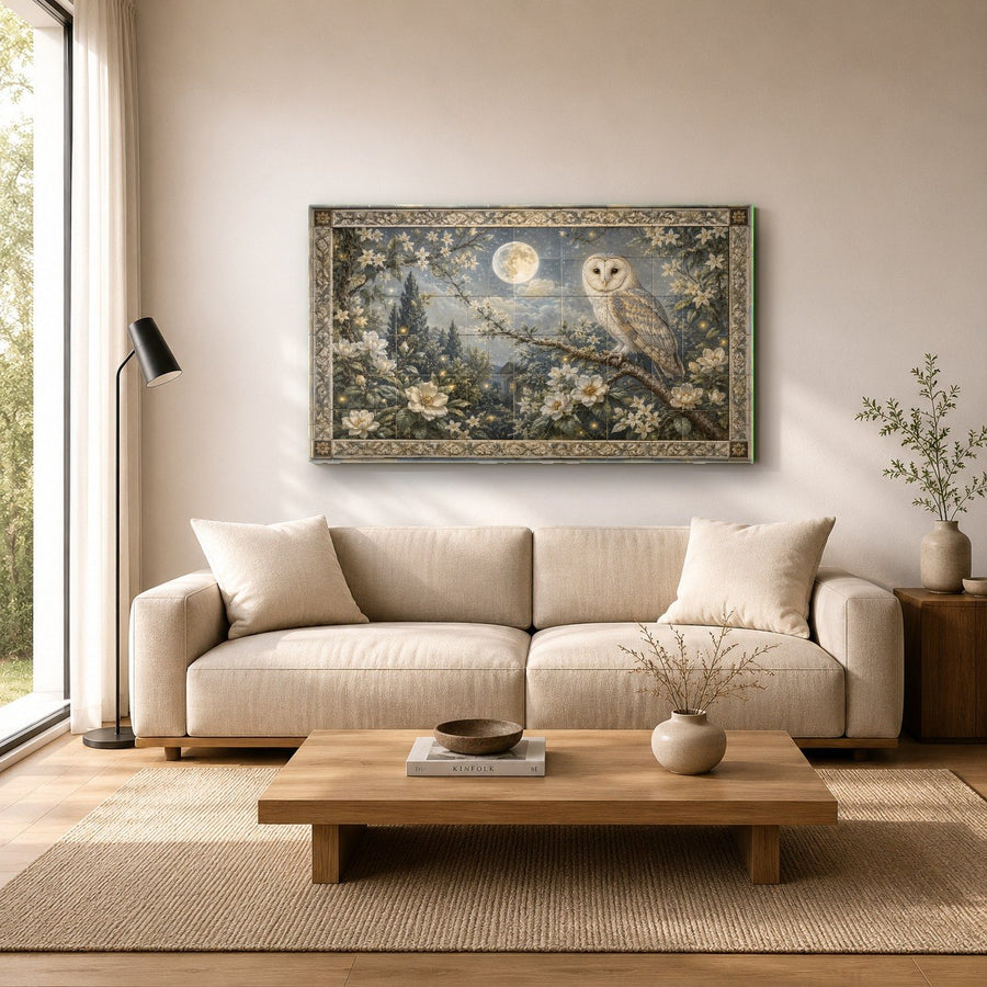 The mystical owl glass artwork styled in a rustic cabin library with warm wooden bookshelves and leather chairs.