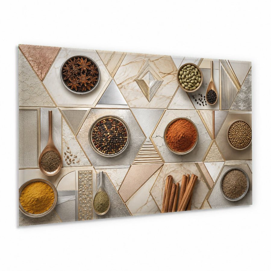 Close-up of Spices glass wall art hanging in a modern kitchen above a marble countertop.