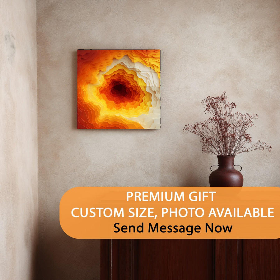 Abstract art piece on a wall with a vase below, promotional text overlay.