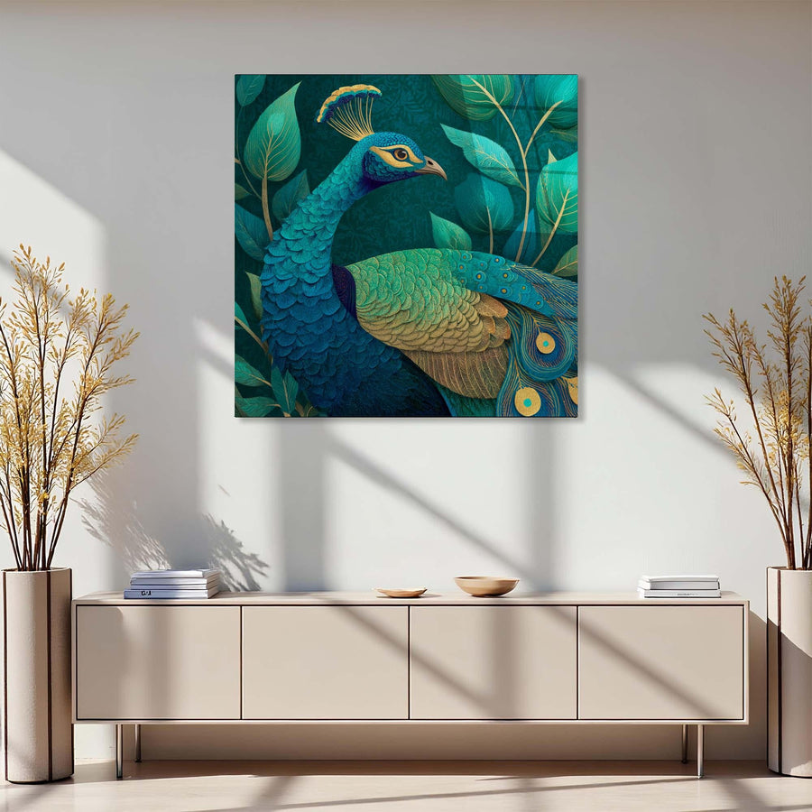 Peacock painting on a wall above a light-colored cabinet with decorative plants.