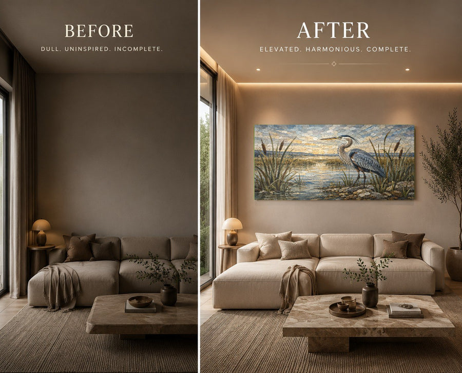 Modern bedroom featuring a serene heron glass print mounted on a soft gray wall above a king-sized bed.