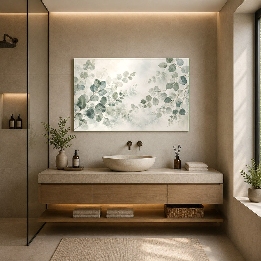 Side view of the frameless Eucalyptus Serenity glass print showing its sleek depth in a dining room.