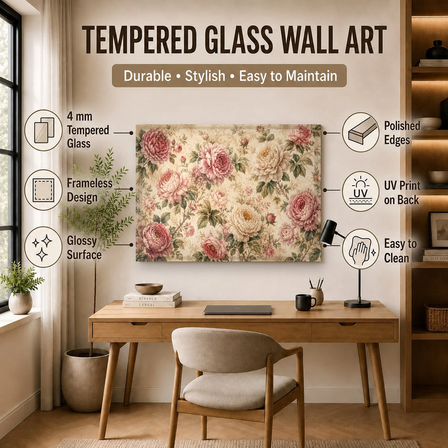 Beautiful rose-themed tempered glass art displayed over a fireplace mantel in a rustic living room.
