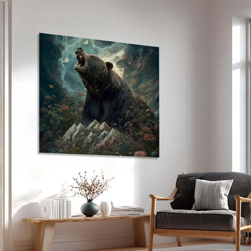 Bear roaring in a fantasy landscape with mountains and flowers