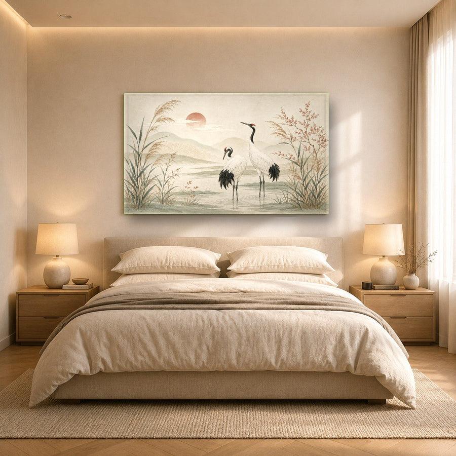 Wide angle view of lake birds glass wall decor in an open concept living area